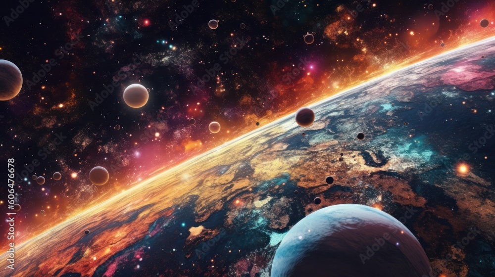 Poster a digital holographic background with a view of the sky, with stars and planets visible. ai generati
