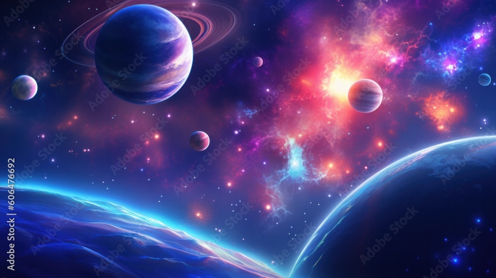 Poster a digital holographic background with a view of the sky, with stars and planets visible. ai generati