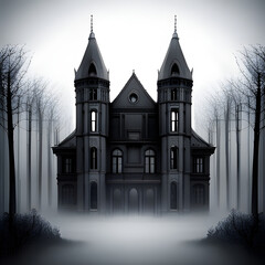 spooky haunted house surrounded by an eerie fog