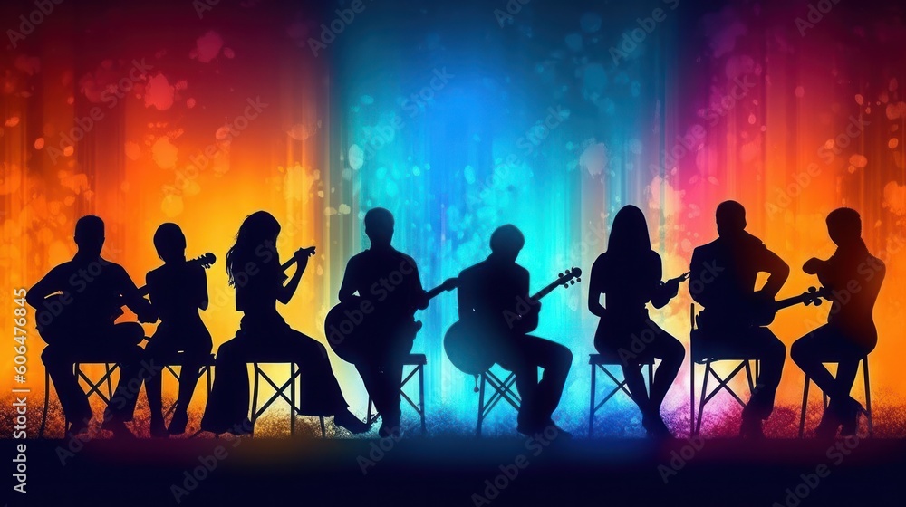 Sticker silhouette of rock band playing their instruments, neon lights theme