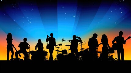 Fototapeta na wymiar Silhouette of rock band playing, music under the night starry night