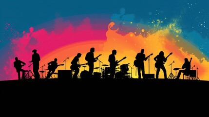 Fototapeta premium Silhouette of rock band playing, music under the night starry night