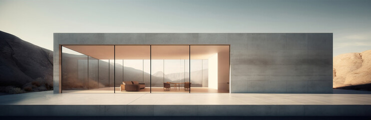 Generative AI image of exterior of contemporary residence with furniture illuminated with orange lights located in between rocky mountain