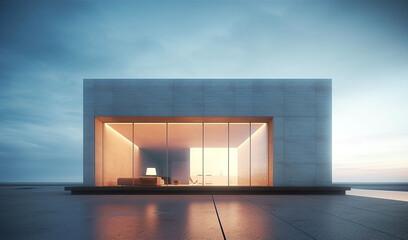 Generative AI image of exterior of contemporary residence with furniture illuminated with orange lights located close to sea against blue cloudy sky