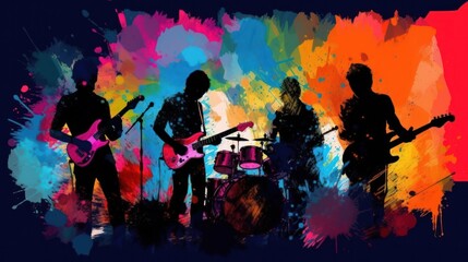 Silhouette of rock band playing their instruments, neon lights theme