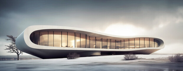 Generative AI illustration of futuristic oval shaped sleek modern floating building over sandy beach with water against dark cloudy sky