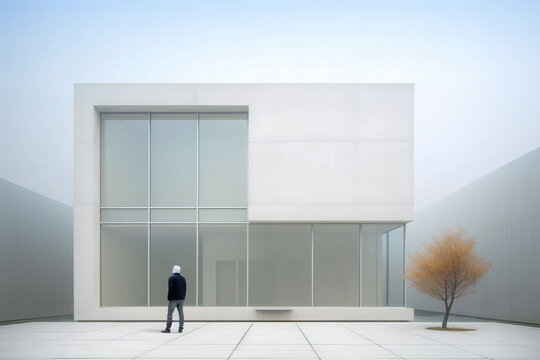 Generative AI image of back view of anonymous male looking away in front of modern minimal building with glass walls autumn tree against blue sky