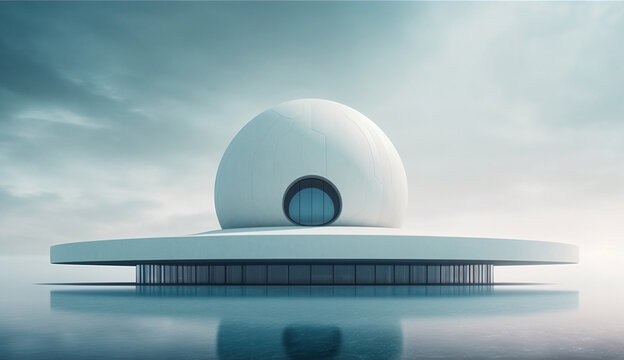 Generative AI image futuristic modern building with glass mirror walls under white circle roof and spherical dome reflecting in water and cloudy sky