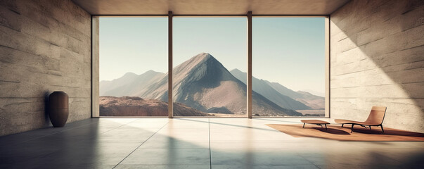 Generative AI illustration of futuristic interior of modern minimalistic apartment with landscape glass windows looking at mountain