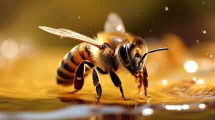 Bee on a water honeybee macro photo. AI generative.