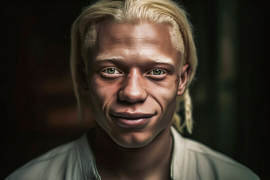 Generative AI illustration of portrait of young African American Albino man looking at camera smiling against blurred background