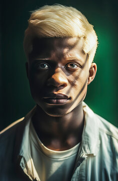 Generative AI illustration of portrait of young serious African American Albino man with blonde hair looking at camera against green background