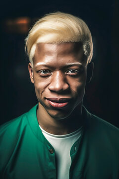 Generative AI illustration of portrait of young African American Albino man looking at camera smiling against dark background