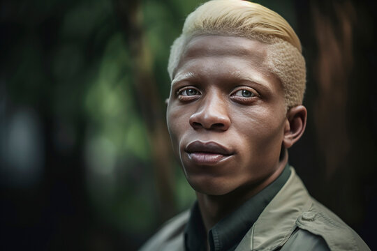 Generative AI illustration of portrait of young serious African American Albino man with blonde hair looking at camera against blurred background