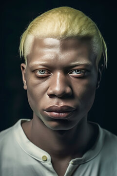 Generative AI illustration of portrait of young serious African American Albino man with blonde hair looking at camera against dark background