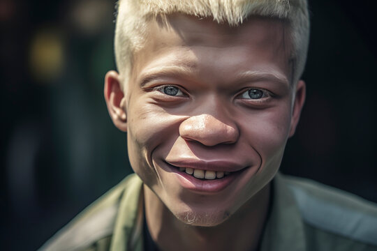 Generative AI illustration of portrait of young African American Albino man looking at camera smiling against blurred background