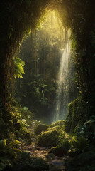 Fototapeta na wymiar Phone wallpaper of a hidden tropical waterfall. Generative AI