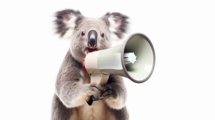 Fototapeta premium Koala says something through a megaphone. AI generative.