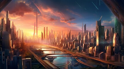 Fototapeta na wymiar Megapolis with skyscrapers at sunset. AI generative.