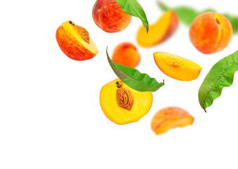 Cut out flying fresh ripe juicy peaches with green leaves isolated on white background. With clipping path. Summer fruit, organic vegan healthy food. Creative composition. Mockup
