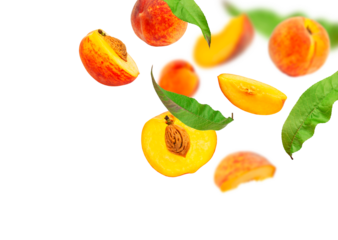 Cut out flying fresh ripe juicy peaches with green leaves isolated on white background. With clipping path. Summer fruit, organic vegan healthy food. Creative composition. Mockup