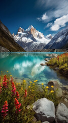 Fototapeta premium Phone wallpaper mountain landscape with snow-capped peaks. Generative AI