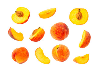 Cut out fresh ripe juicy peaches isolated on white background. With clipping path. Whole and halved peaches with pits, set of different peaches. Summer fruit, organic vegan food. Mockup 