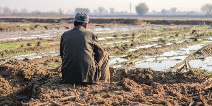 A farmer looks on in despair at his contaminated field, the extent of agricultural waste pollution affecting his livelihood, concept of Environmental degradation, created with Generative AI technology