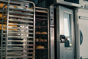 bakery fresh and fragrant bread lies on the shelves of the craft production of flour products near...