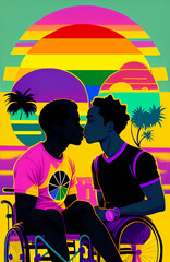 Portrait kiss of two black gay guys in wheelchairs on the city beach at sunset nature