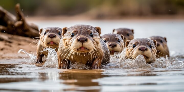 A family of otters slide down a riverbank, their gleeful squeaks echoing through the air as they plunge into the cool water, concept of Playful behavior, created with Generative AI technology