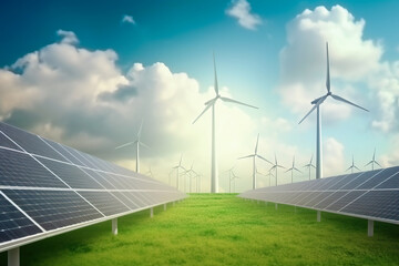 Renewable energy background with green energy as wind turbines and solar panels. Generative Ai