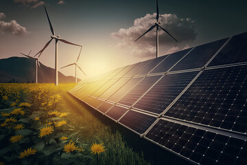 Renewable energy background with green energy as wind turbines and solar panels. Generative Ai