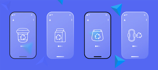 Set of recycling icons. Environmental icons, waste management symbols, recycling bins. Eco-friendly concepts. Glassmorphism. UI phone app screen. Vector line icon for Business