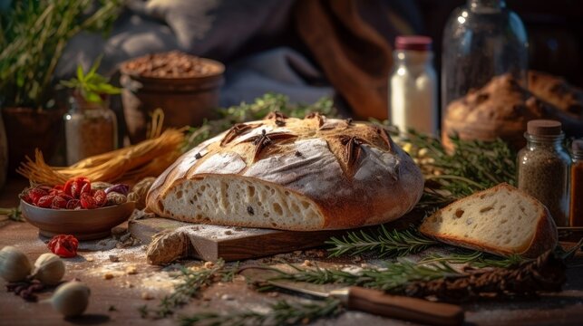 freshly baked bread with a crispy crust and soft interior, surrounded by various herbs and ingredients