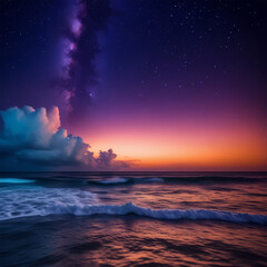 Beautiful starry sky over the ocean at sunset. Nature composition.