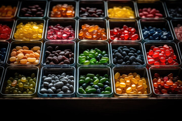 An assortment of different colored chewy candies in square trays. Sweet Candy market, top view of the counter. Sweet banner. Generative AI professional photo imitation.