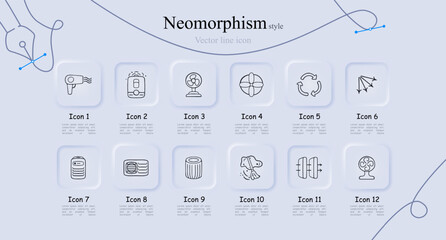 Cool Breeze Icon Set. Refreshing symbols for hot weather, summer heat relief. Air conditioning concept. Neomorphism style. Vector line icon for Business