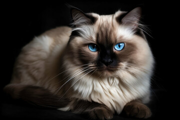 Cute colourpoint persian cat is sitting, isolated on black background. Ai generated