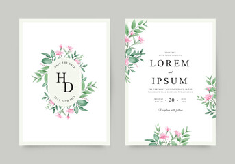 Elegant wedding invitation with purple flowers and leaves