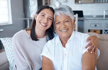 Hug, sofa and portrait of elderly mother and daughter smile for care, trust and support on sofa or...