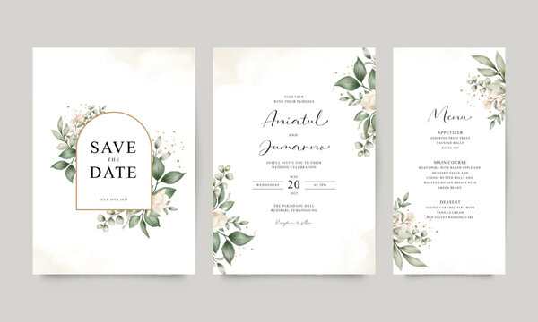 Elegant wedding invitation card with beautiful flowers and leaves