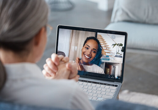 Woman, laptop and video call for virtual meeting, webinar or consulting in remote work at home. Female person or consultant talking on computer in seminar for networking, therapy and communication