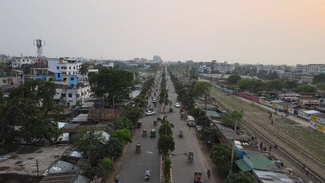 Aerial view of the city hyperlaps/timelaps video , Road in the city, bogura, bangladesh