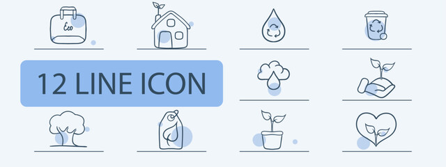 Set of icons representing eco-friendly materials. Sustainable, environmentally friendly, green. Natural concept. Pastel color background. Vector 12 line icon