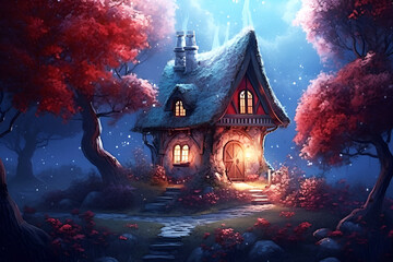 Magical fantasy fairy tale house in a magical forest. Generative AI. - obrazy, fototapety, plakaty