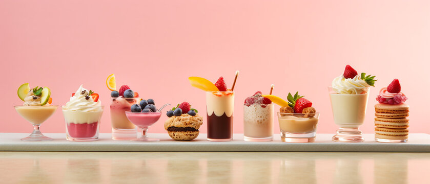 Assortment of dessert on pastel background