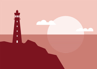 view of the lighthouse on the seashore with sunset or sunrise flat design vector illustration