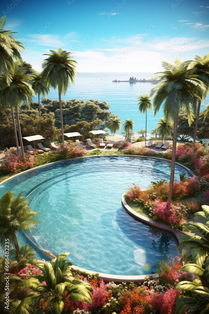 Aufkleber a luxurious resort or hotel pool overlooking the ocean or surrounded by lush tropical gardens, epito