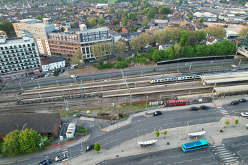 Obraz na płótnie Canvas Gorgeous Aerial View of Central Bedford City of England Great Britain of UK. The Downtown's photo Was Captured with Drone's Camera from Medium Altitude from Central Railway Station on 27-May-2023. 